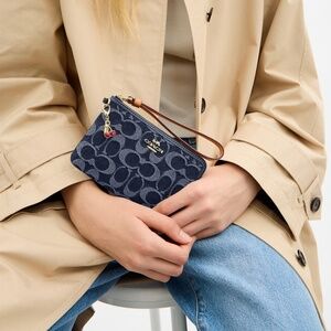 Coach Corner Zip Wristlet In Signature Denim with 🍒Cherry Charm